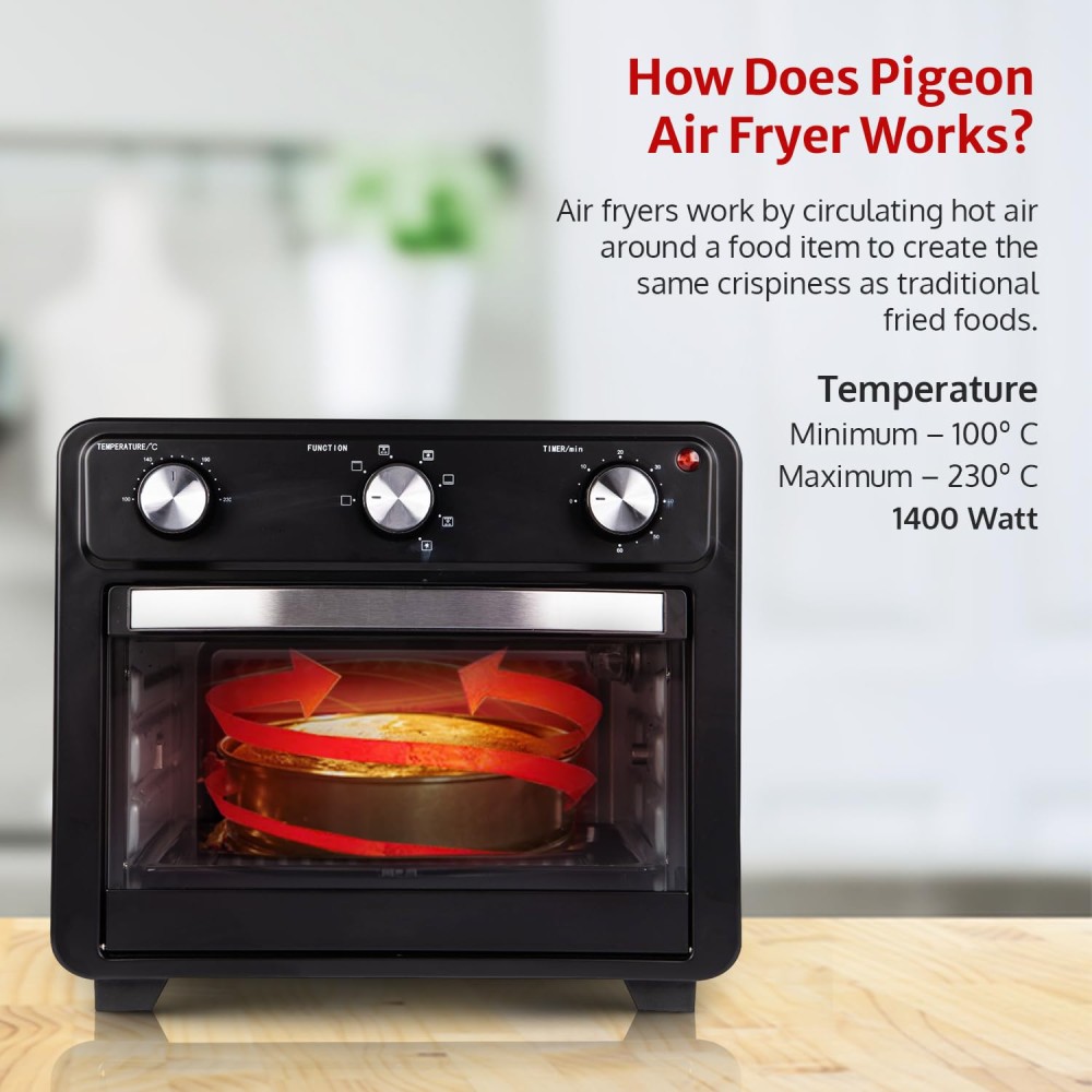 Pigeon Air Fryer Oven 25L 2-In-1 Appliance (OTG + Airfryer) 1400 Watts Air Fry, Bake, Broil, Toast, Defrost (Black) Without Rotisserie